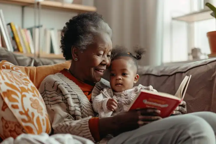 Ein liebevoller Großelternteil, der einem kleinen Kind auf einer gemütlichen Couch ein Märchenbuch vorliest, generiert mit KI