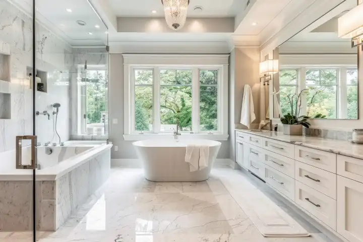 Ein luxuriöses Badezimmer mit einer freistehenden Badewanne, generiert mit KI
