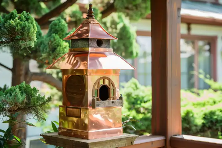 Ein luxuriöses, aus poliertem Kupfer gefertigtes Vogelhaus mit großen Fenstern, die eine malerische Aussicht bieten, generiert mit KI
