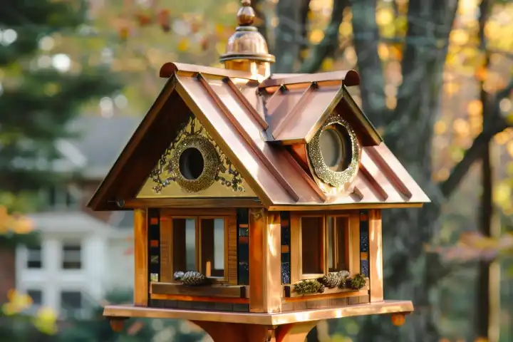 Ein luxuriöses, aus poliertem Kupfer gefertigtes Vogelhaus mit großen Fenstern, die eine malerische Aussicht bieten, generiert mit KI