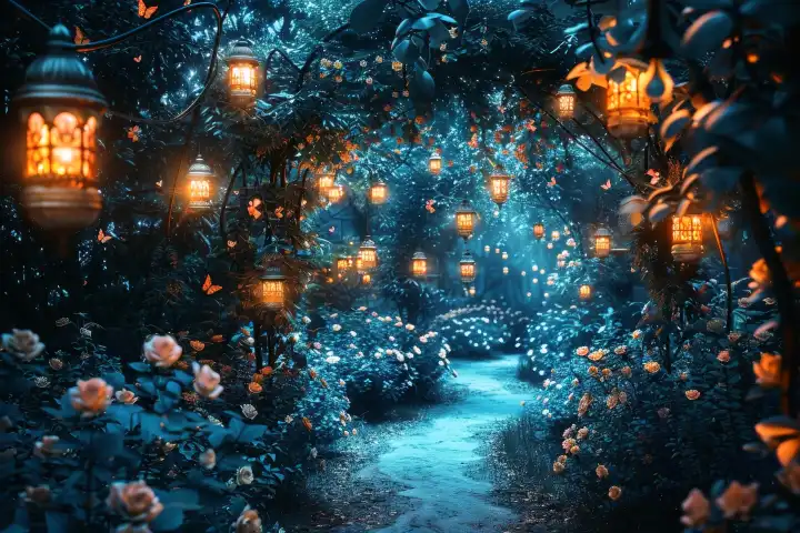 Eine magische Szene eines mondbeschienenen Gartens mit tanzenden Glühwürmchen zwischen leuchtenden Blumen und von Laternen beleuchteten Wegen, generiert mit KI