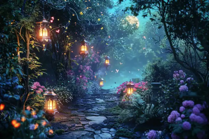 Eine magische Szene eines mondbeschienenen Gartens mit tanzenden Glühwürmchen zwischen leuchtenden Blumen und von Laternen beleuchteten Wegen, generiert mit KI