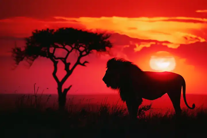 Ein majestätischer Löwe in der afrikanischen Savanne vor dem Hintergrund eines strahlenden Sonnenaufgangs, generiert mit KI