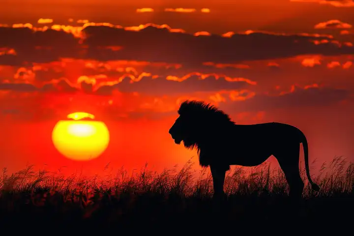Ein majestätischer Löwe in der afrikanischen Savanne vor dem Hintergrund eines strahlenden Sonnenaufgangs, generiert mit KI