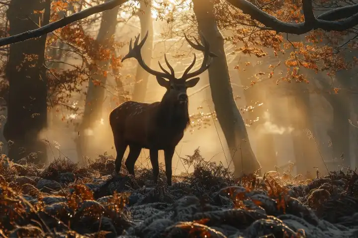 Ein majestätischer Hirsch in einem nebligen Wald mit Sonnenstrahlen, generiert mit KI