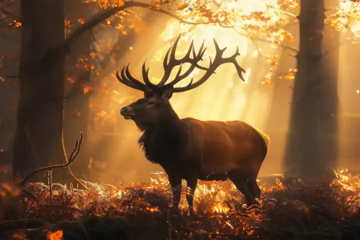 Ein majestätischer Hirsch in einem nebligen Wald mit Sonnenstrahlen, generiert mit KI