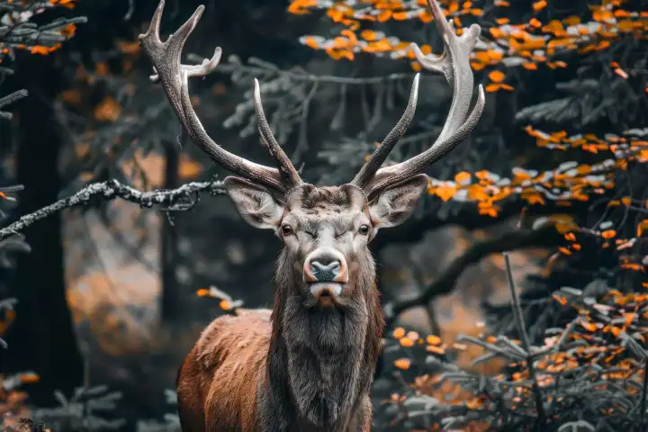 Ein majestätischer Hirsch in Nahaufnahme in einem Wald, generiert mit KI