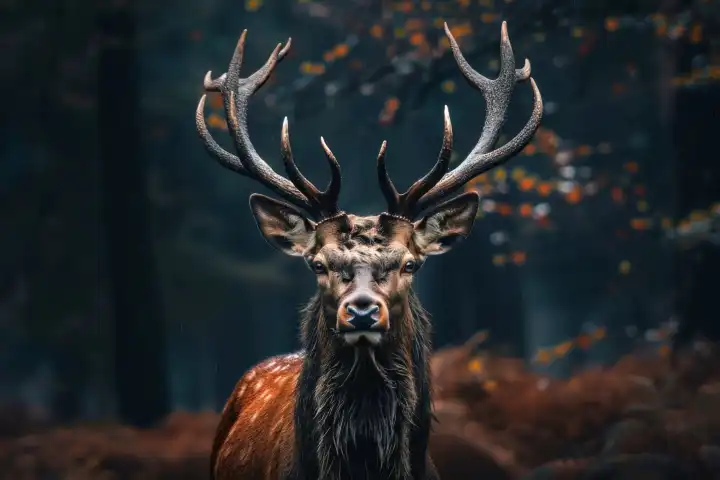 Ein majestätischer Hirsch in Nahaufnahme in einem Wald, generiert mit KI