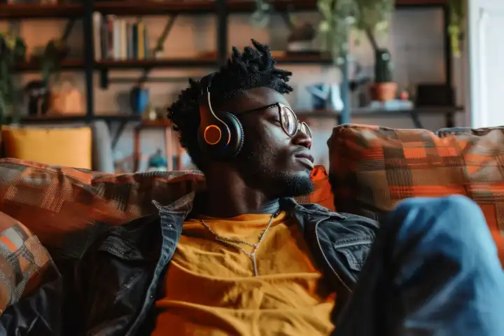 Ein Mann sitzt auf einer Couch und entspannt sich mit Kopfhörern beim Hören von Musik, generiert mit KI