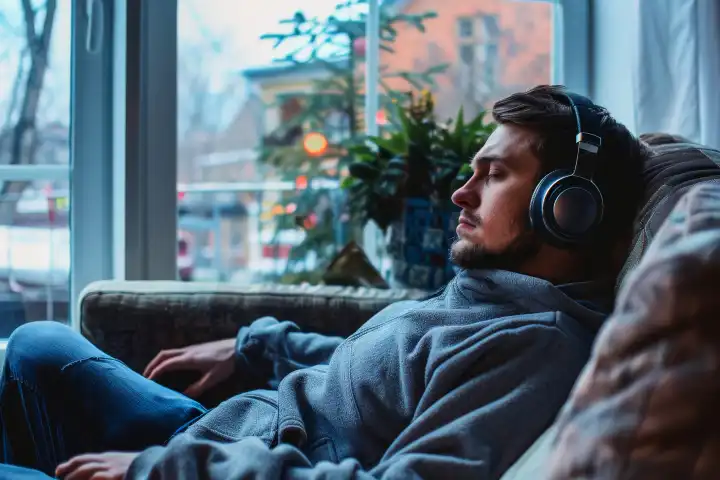 Ein Mann sitzt auf einer Couch und entspannt sich mit Kopfhörern beim Hören von Musik, generiert mit KI