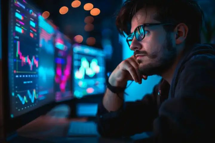 Ein Mann mit entschlossenem Gesichtsausdruck studiert Daten auf einem Computerbildschirm, generiert mit KI