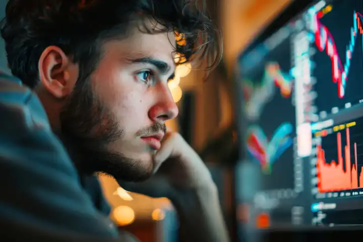 Ein Mann mit entschlossenem Gesichtsausdruck studiert Daten auf einem Computerbildschirm, generiert mit KI