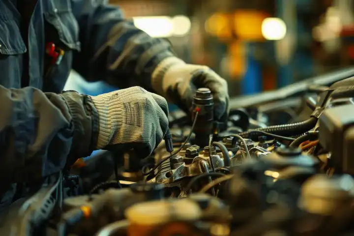 Ein Mechaniker repariert einen Automotor in einer Werkstatt, generiert mit KI