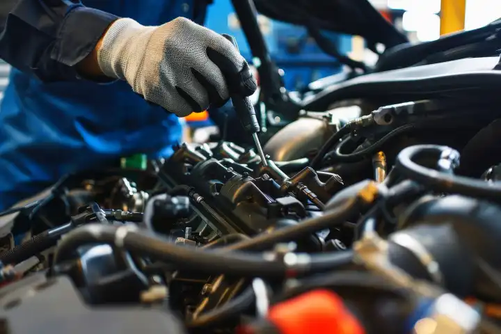 Ein Mechaniker repariert einen Automotor in einer Werkstatt, generiert mit KI