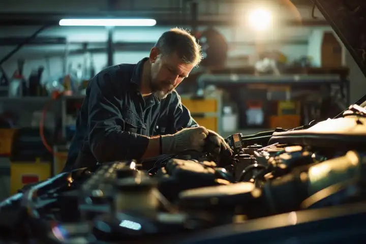Ein Mechaniker, der in einer gut beleuchteten Garage an einem Hochleistungsmotor eines Autos arbeitet, generiert mit KI