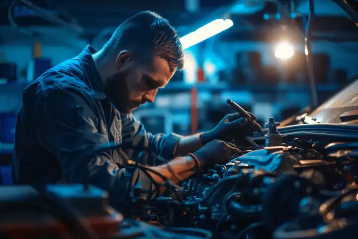 Ein Mechaniker, der in einer gut beleuchteten Garage an einem Hochleistungsmotor eines Autos arbeitet, generiert mit KI