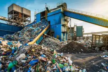 Eine moderne Recyclinganlage mit Sortiermaschinen in Aktion, die die Bedeutung der Abfallbewirtschaftung und Ressourcenrückgewinnung unterstreicht, generiert mit KI