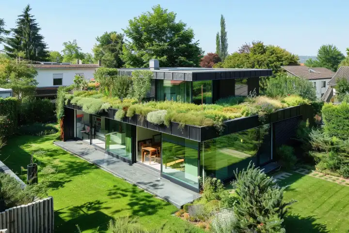 Ein modernes Wohnhaus mit begrüntem Dach für einen perfekten wirtschaftlichen Fußabdruck, generiert mit KI