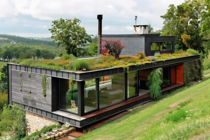 Ein modernes Wohnhaus mit begrüntem Dach für einen perfekten wirtschaftlichen Fußabdruck, generiert mit KI