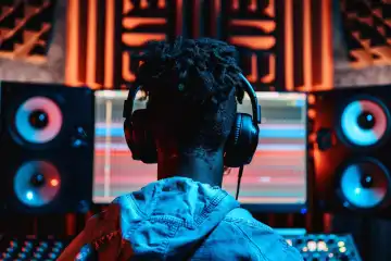 A musician with headphones recording a song in a professional recording studio, generated with AI