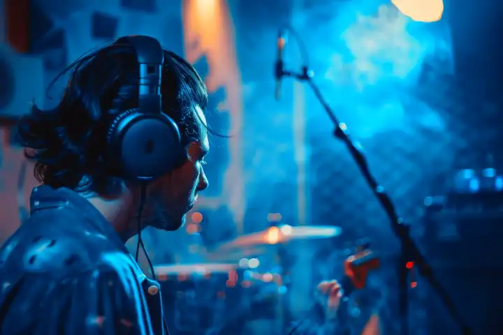 Ein Musiker mit Kopfhörern, der einen Song in einem professionellen Aufnahmestudio aufnimmt, generiert mit KI