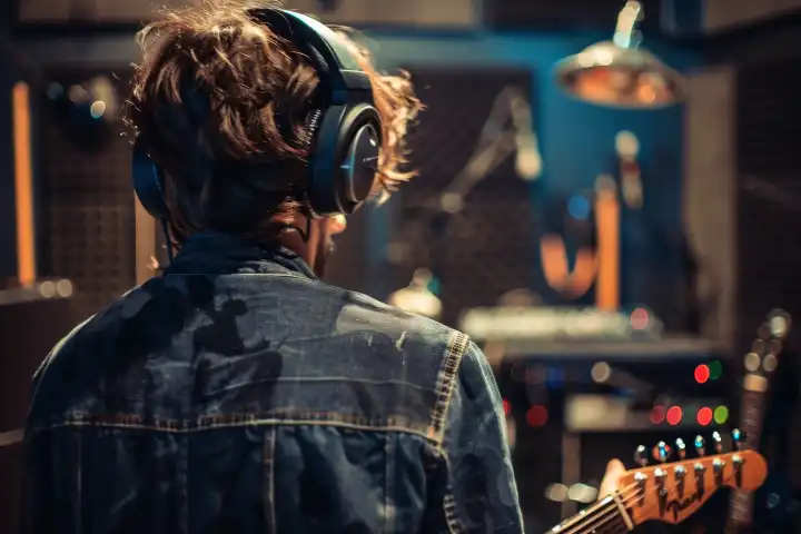 Ein Musiker mit Kopfhörern, der einen Song in einem professionellen Aufnahmestudio aufnimmt, generiert mit KI