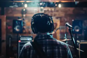 A musician with headphones recording a song in a professional recording studio, generated with AI