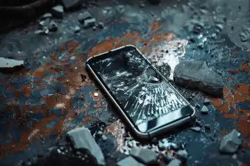 A new smartphone with a broken display lying on the floor, generated with AI