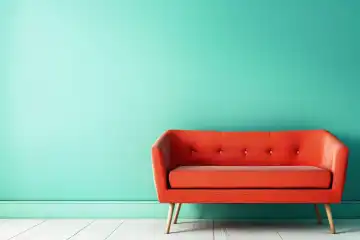 A new sofa in front of a pastel colored wall with copy space, generated with AI