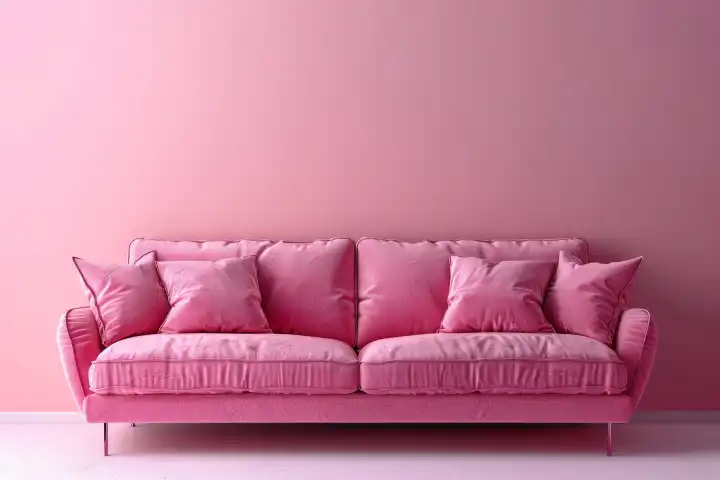 Ein neues Sofa vor einer pastellfarbenen Wand mit Kopierraum, generiert mit KI