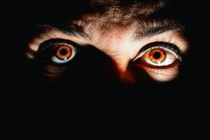 Ein Paar unheimlicher Augen in der Dunkelheit, die dich anstarren, generiert mit KI