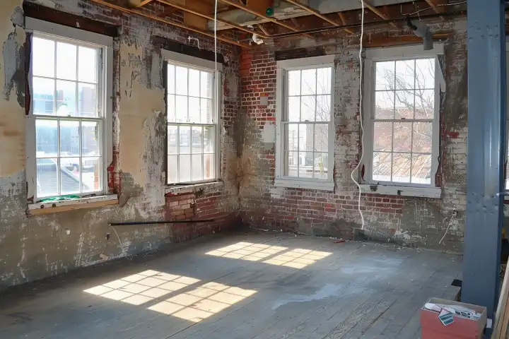 Ein teilweise renovierter Raum mit sichtbaren Ziegelwänden, neuen Fenstern und halb gestrichenen Wänden, generiert mit KI
