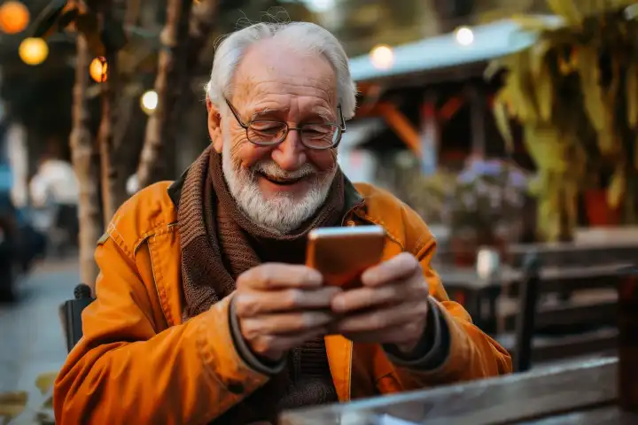 Ein Rentner freut sich über sein neues Smartphone, generiert mit KI