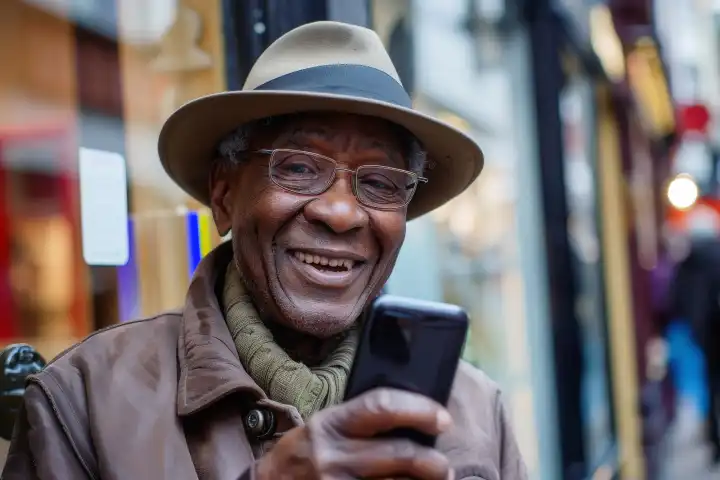 Ein Rentner freut sich über sein neues Smartphone, generiert mit KI