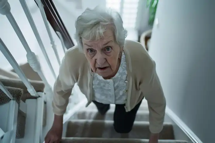 Ein Rentner hat Probleme beim Treppensteigen, generiert mit KI