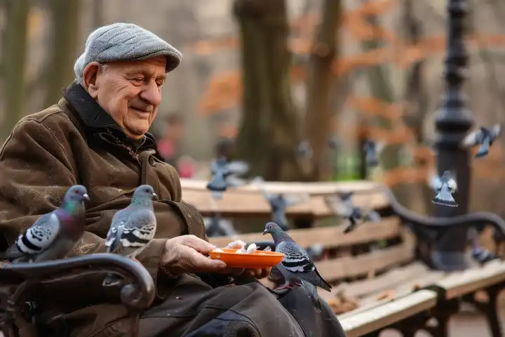 Ein Rentner sitzt auf einer Bank und füttert Tauben, generiert mit KI