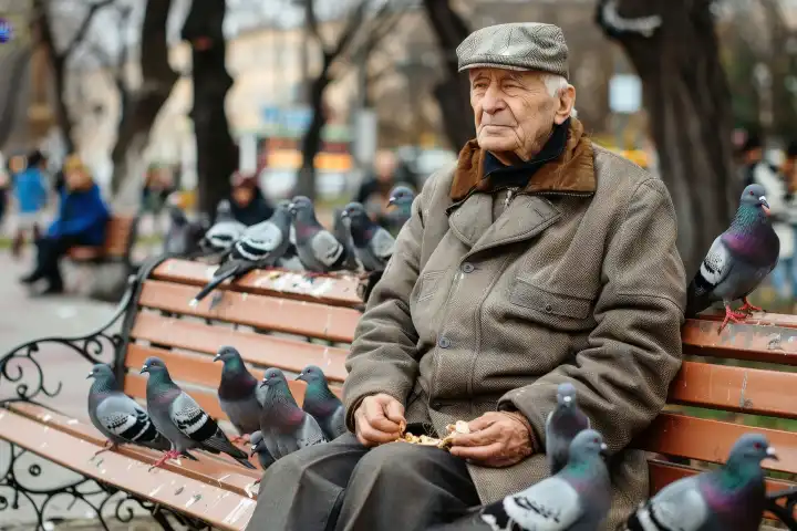 Ein Rentner sitzt auf einer Bank und füttert Tauben, generiert mit KI