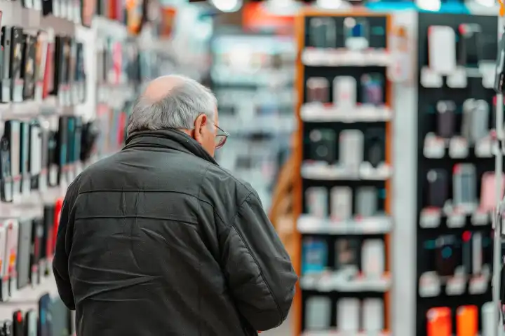 Ein Rentner steht hilflos in einem Smartphone-Laden mit vielen neuen Smartphone-Modellen, generiert mit KI