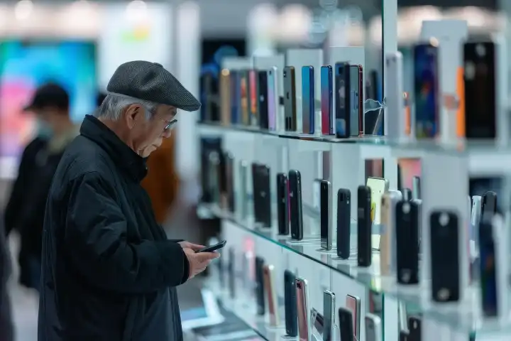 Ein Rentner steht hilflos in einem Smartphone-Laden mit vielen neuen Smartphone-Modellen, generiert mit KI