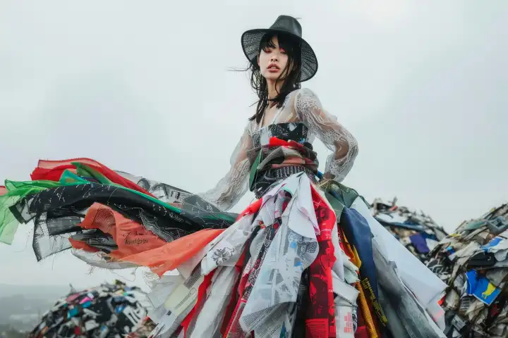 Eine Person, die ein trendiges Outfit aus recycelten Materialien trägt, generiert mit KI