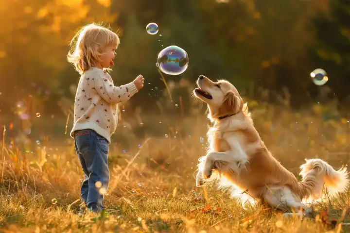 Ein verspieltes Kind pustet aufgeregt Seifenblasen, während sein Hund aufgeregt springt und versucht, sie zu fangen., generiert mit KI