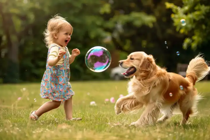 Ein verspieltes Kind pustet aufgeregt Seifenblasen, während sein Hund aufgeregt springt und versucht, sie zu fangen., generiert mit KI