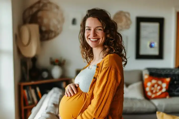 Eine schwangere Frau in ihrem Wohnzimmer, die glücklich aussieht, generiert mit KI
