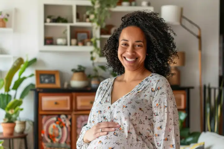 A pregnant woman in her living room looking happy, generated with AI