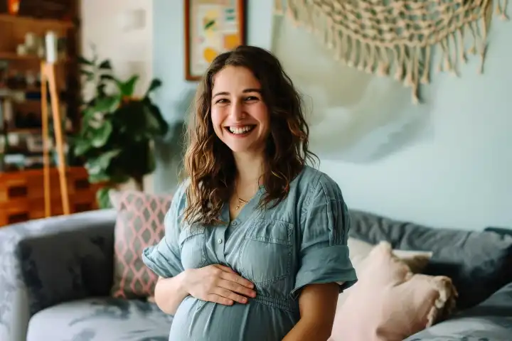Eine schwangere Frau in ihrem Wohnzimmer, die glücklich aussieht, generiert mit KI