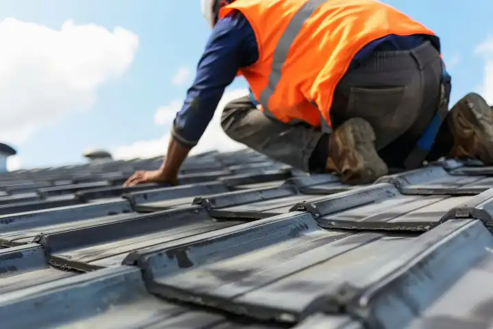 Ein Dachdecker repariert ein beschädigtes Dach, generiert mit KI