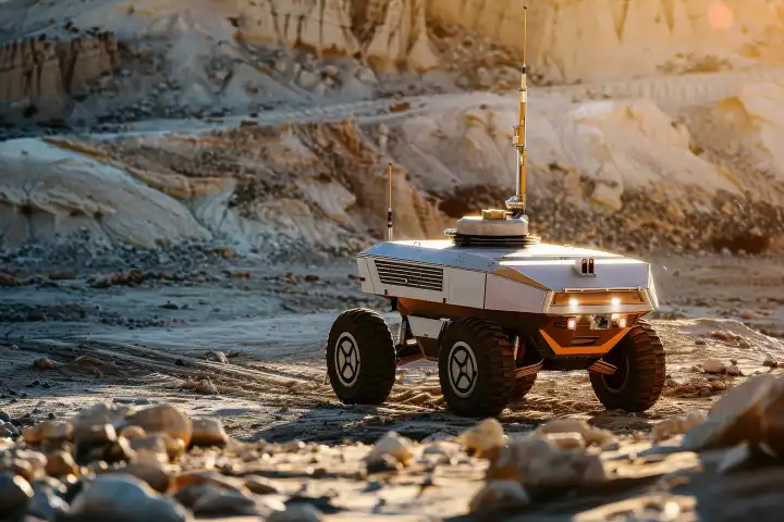Ein wissenschaftliches Fahrzeug auf einer marsähnlichen Oberfläche, generiert mit KI