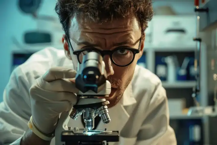 Ein Wissenschaftler in einem Laborkittel, der aufgeregt durch ein Mikroskop blickt, generiert mit KI