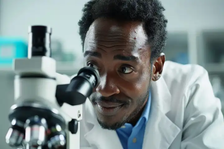 Ein Wissenschaftler in einem Laborkittel, der aufgeregt durch ein Mikroskop blickt, generiert mit KI