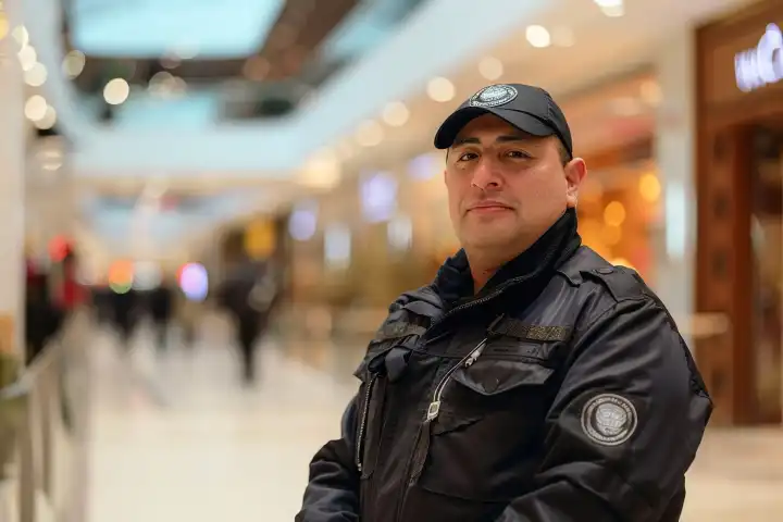 Ein Wachmann in Uniform steht in einem Einkaufszentrum bei der Arbeit, generiert mit KI
